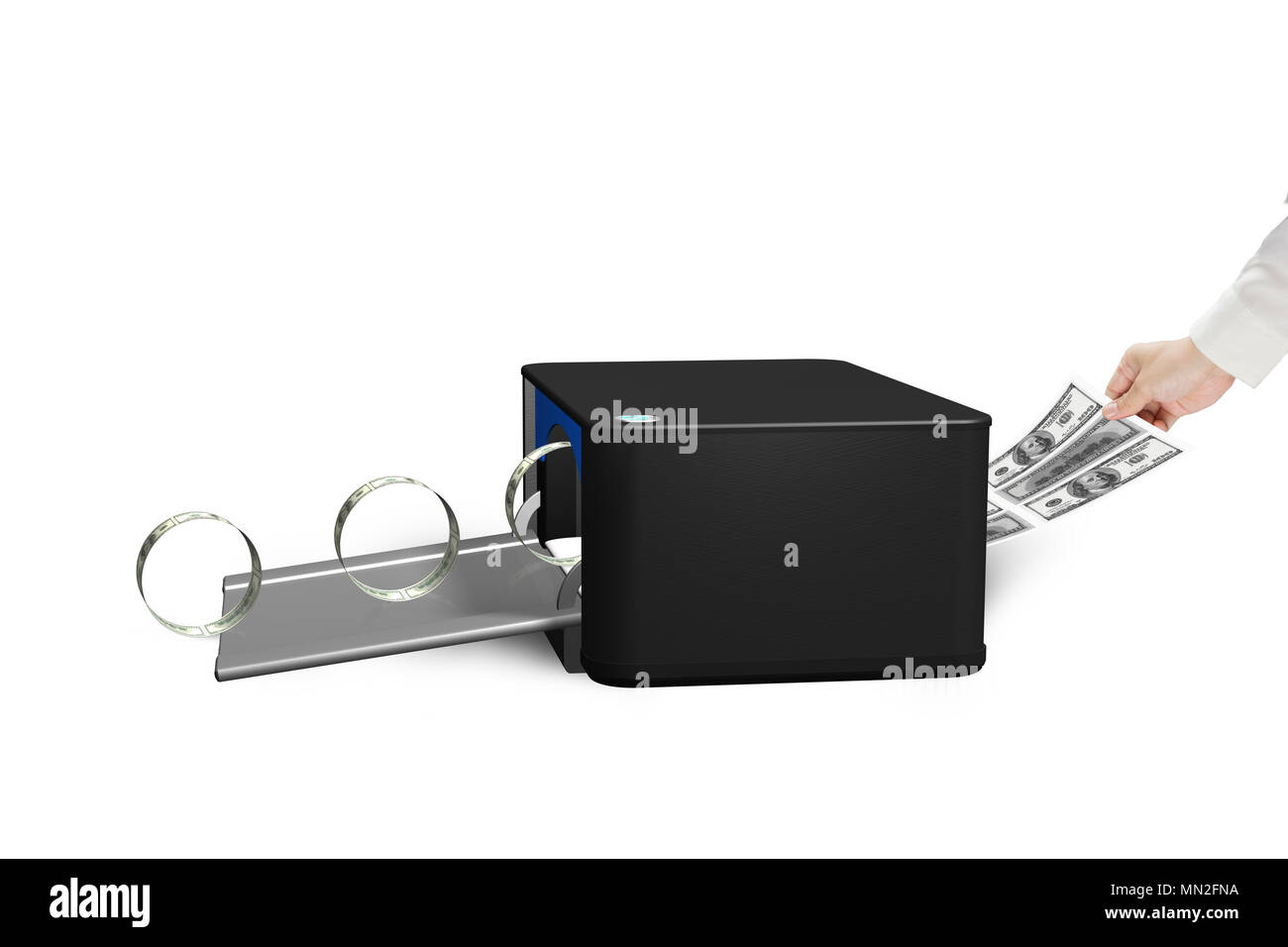 Transfert de l'encombrement de l'imprimante via produits 3D sur fond blanc Banque D'Images