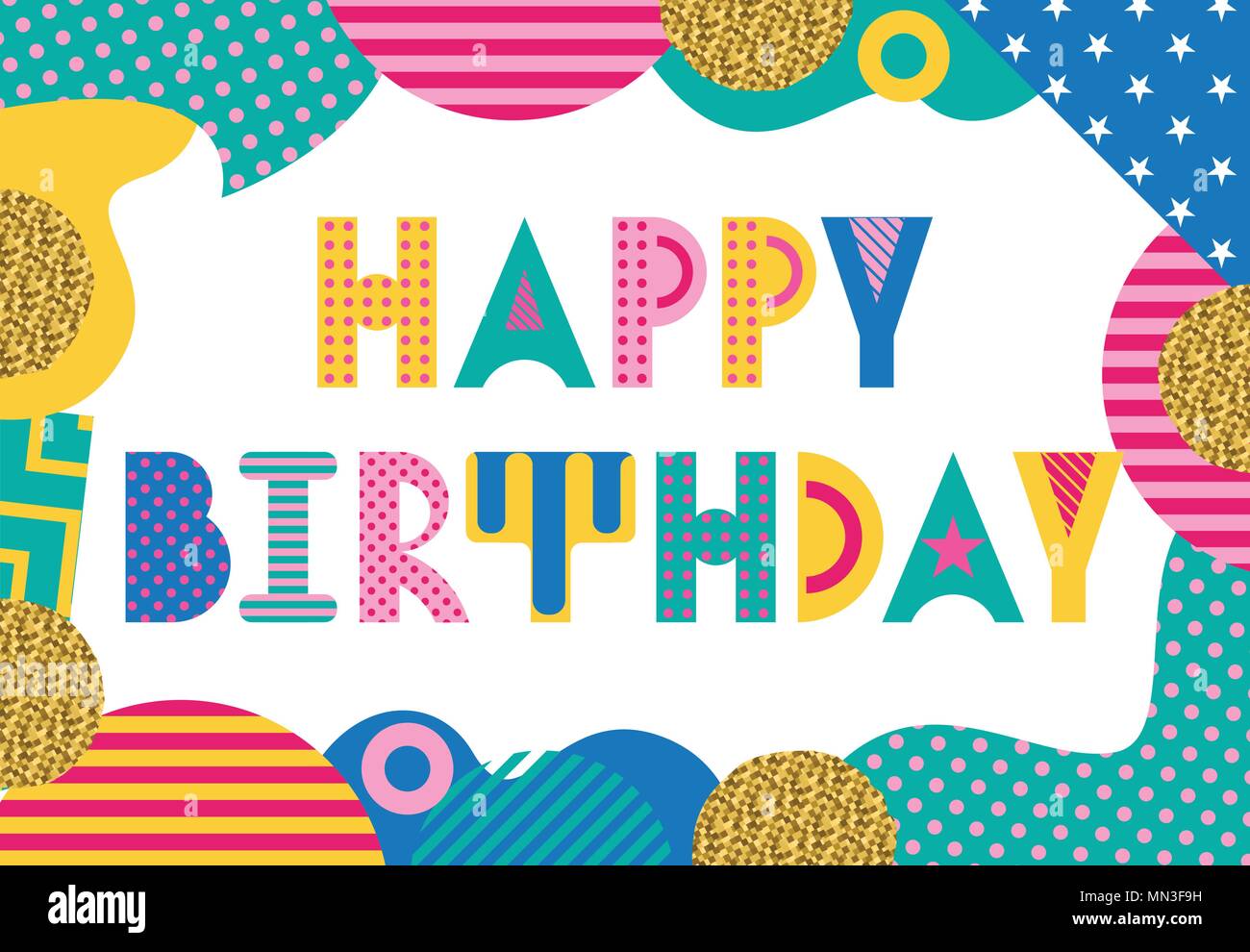 Carte De Voeux Elegante Joyeux Anniversaire Geometrique Tres Tendance Font A Memphis De Style 80s 90s Cadre Rectangulaire D Elements Geometriques Abstraits Image Vectorielle Stock Alamy