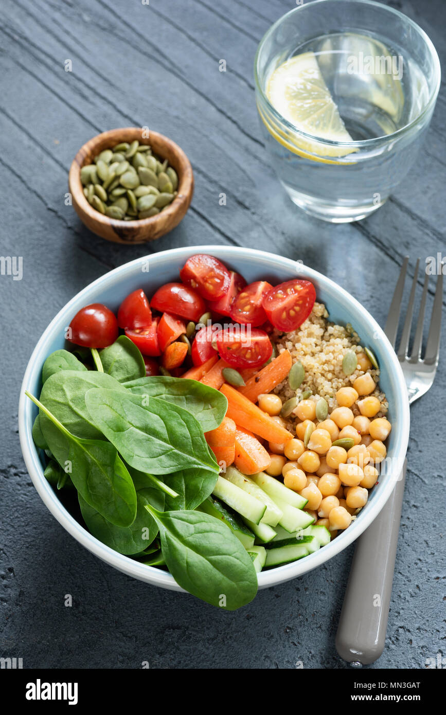 Salade De Pois Chiches Au Bol Sur Fond De Beton Bol Bouddha Sain Avec Bebe Epinards Jeunes Carottes Pois Chiches Quinoa Et Tomates Photo Stock Alamy