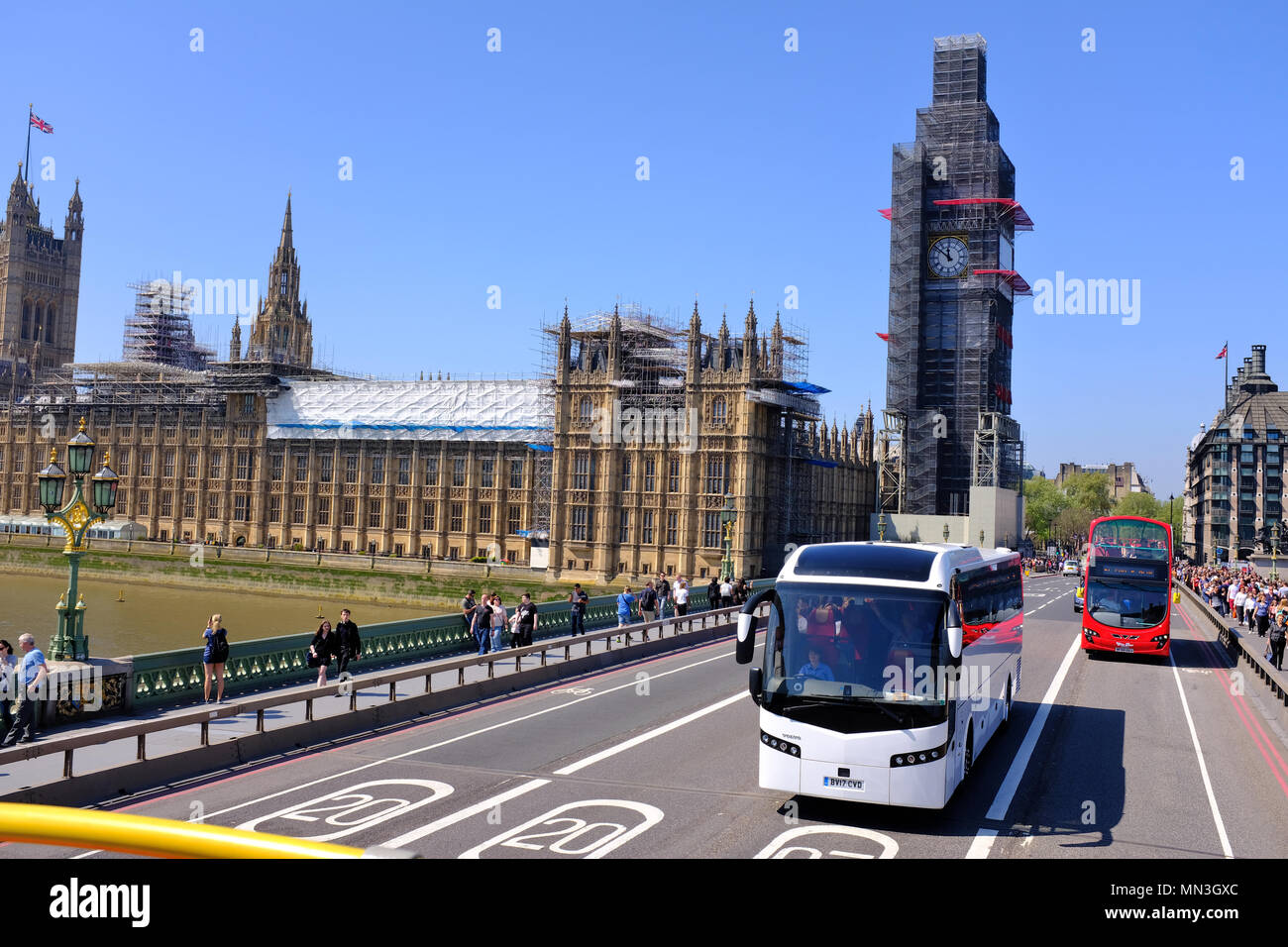 Le pont de Westminster avec Big Ben couverte d'échafaudages Banque D'Images