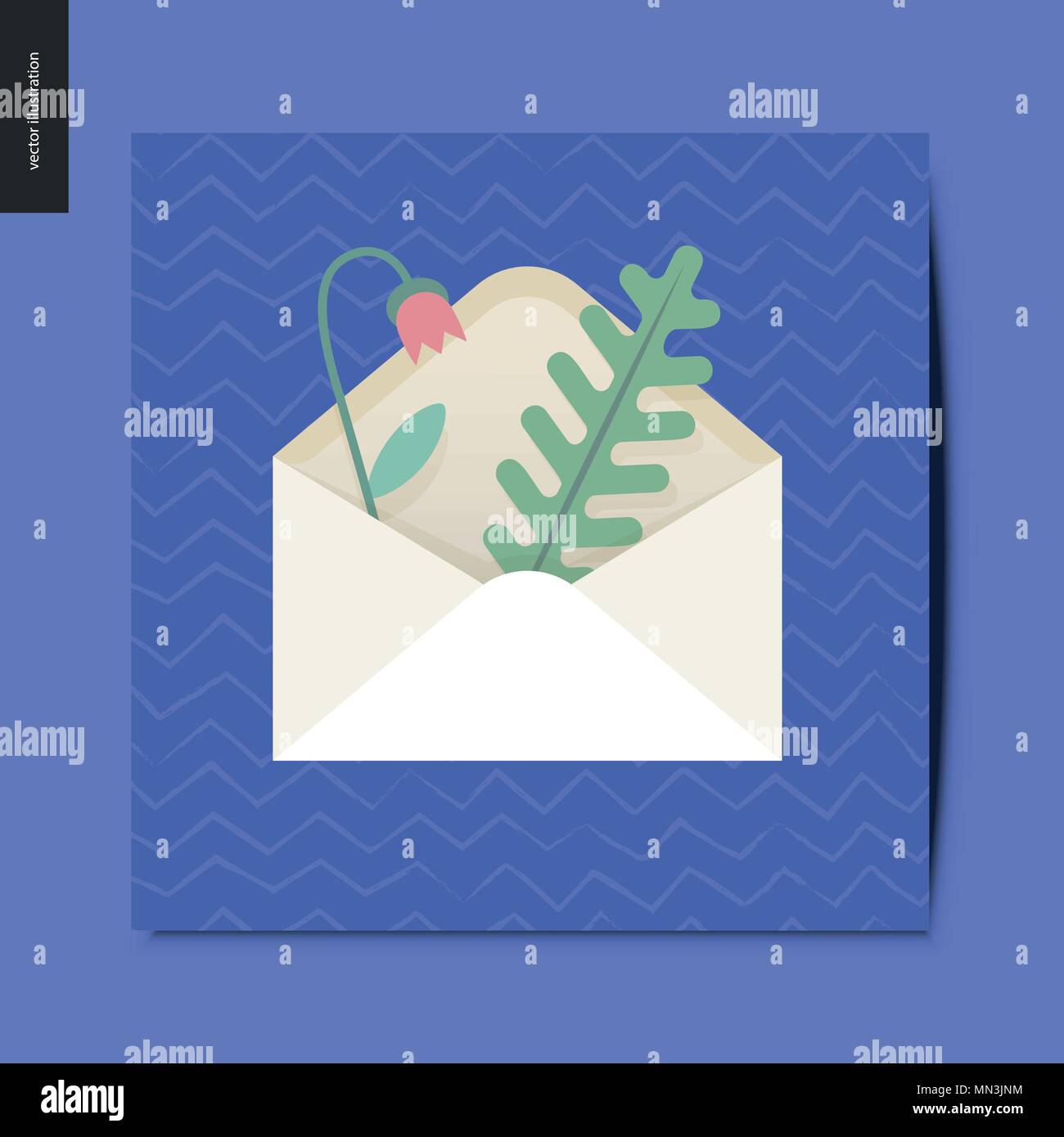 Des choses simples - lettre mémoire message - télévision cartoon vector illustration de mémoire avec enveloppe - herbier branche sec et de fleurs à l'intérieur, été postc Illustration de Vecteur