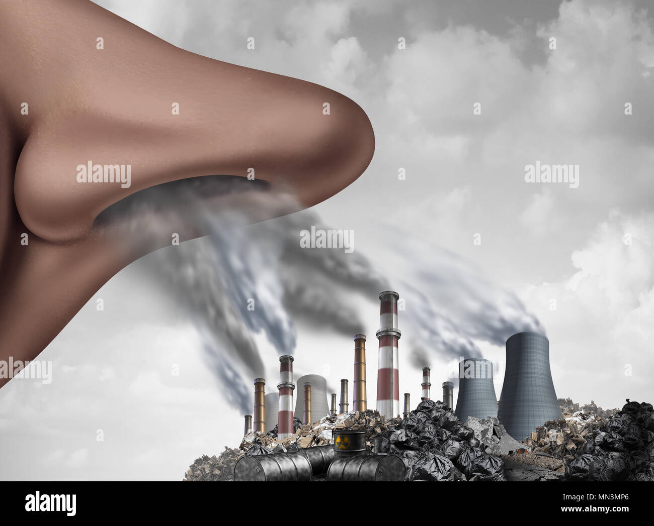 La respiration des polluants toxiques à l'intérieur du corps humain et de l'inhalation de la pollution comme un nez sentir toxines industrielles avec 3D illustration éléments. Banque D'Images