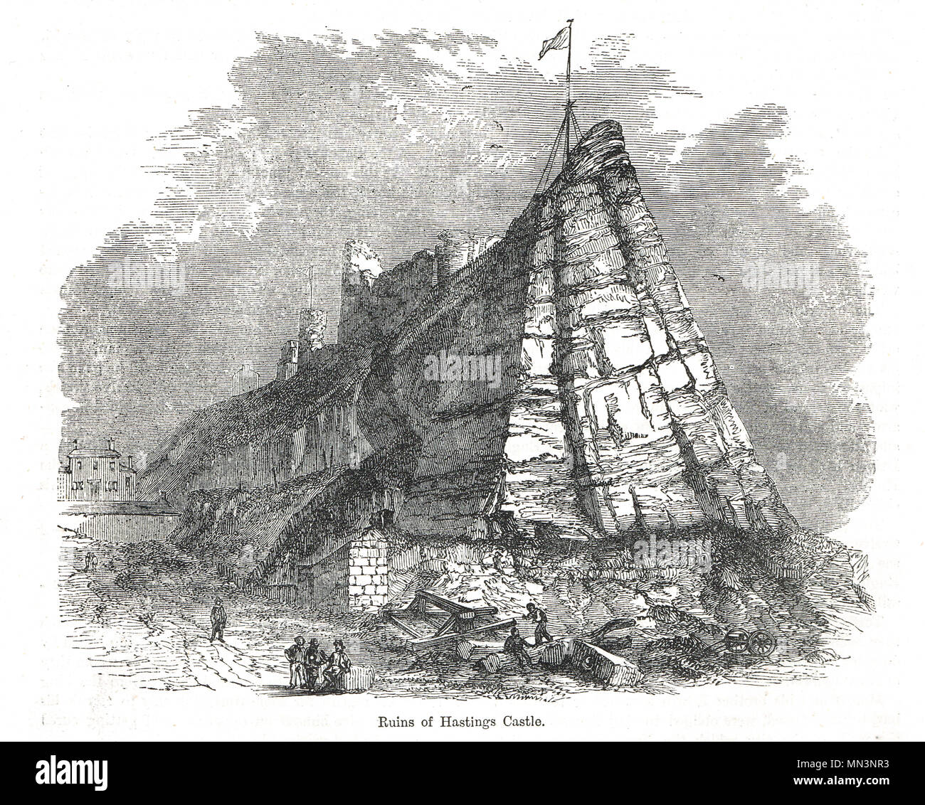 Ruines du château de Hastings, East Sussex, Angleterre, 19e siècle, la gravure Banque D'Images