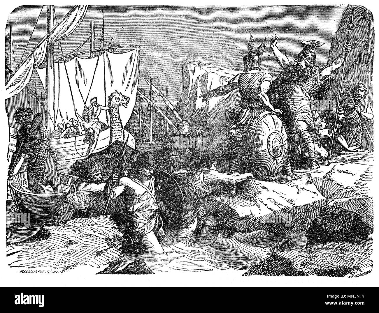 L'invasion des Saxons sous Hengist et Horsa. Ils étaient frères et chefs des premières légendaire des colons anglo-saxons en Grande-Bretagne qui a atterri à Ebbsfleet, Kent, et qu'Horsa est tué à Aegelsthrep (éventuellement Aylesford, Kent) en 455BC. Hengist devint roi en 455 jusqu'à sa mort en 488 BNC au cours desquels il a combattu contre les Bretons. Les rois de Kent historique retracé leur descendance directe de Hengist. Banque D'Images