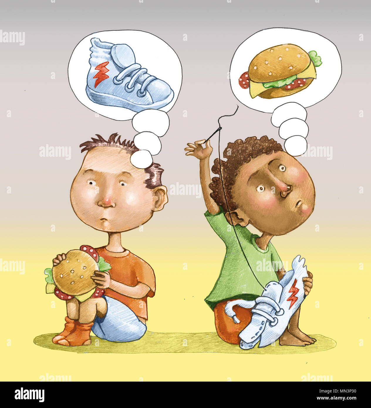 Le rêve de l'enfant mange sandwich signé Chaussure sport enfant asiatique  il coud signé shoe rêver un sandwich, à la fois triste Photo Stock - Alamy