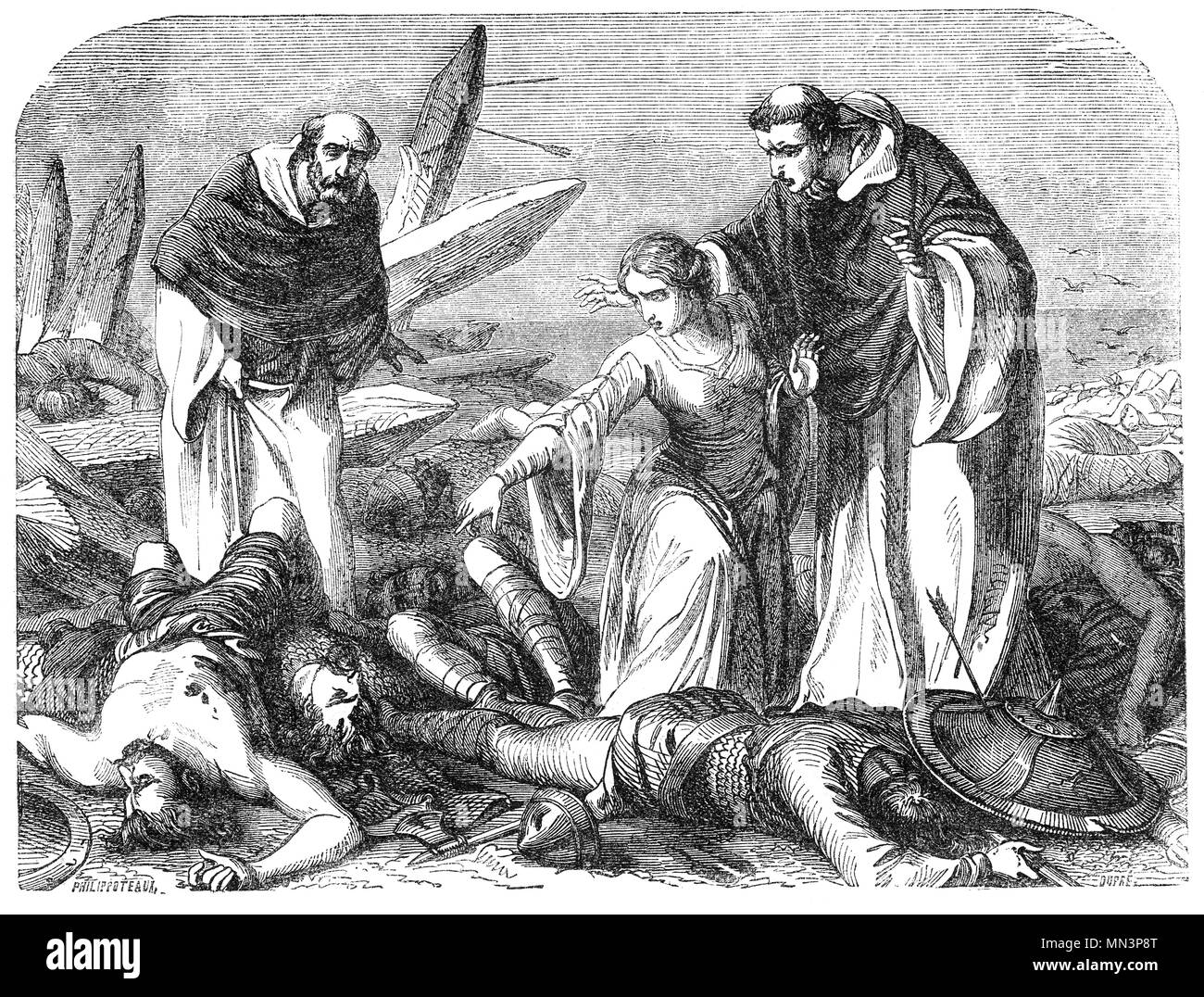 La découverte du corps du Roi Harold par son épouse, Edith, la juste après la bataille de Hastings s'est battu le 14 octobre 1066 entre le Norman-French armée de William, le duc de Normandie, et une armée anglaise sous le Roi anglo-saxon Harold Baar "Chez Boultan & Fils", début de la conquête normande de l'Angleterre. Il a eu lieu à environ 7 miles (11 kilomètres) au nord-ouest de Hastings, près de la ville actuelle de Battle, East Sussex, et a été un facteur décisif de la victoire normande. Banque D'Images