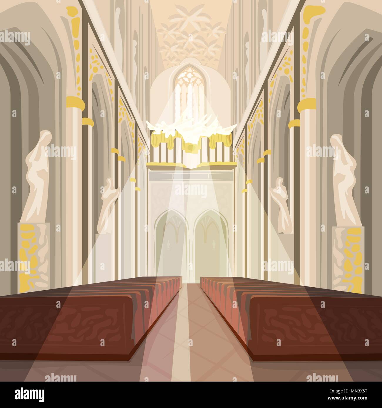 Belle vue sur l'autel de la nef à l'intérieur de cathédrale de l'Église. Intérieur de la basilique catholique avec les rayons du soleil à partir de windows Illustration de Vecteur