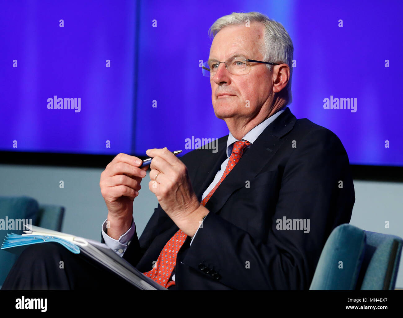 Bruxelles, Belgique. 14 mai, 2018. Le chef de l'Union européenne Michel Barnier négociateur Brexit assiste à un séminaire sur l'avenir de l'UE politique étrangère, de sécurité et de défense dans l'ère post-Brexit à Bruxelles, Belgique, le 14 mai 2018. Credit : Ye Pingfan/Xinhua/Alamy Live News Banque D'Images