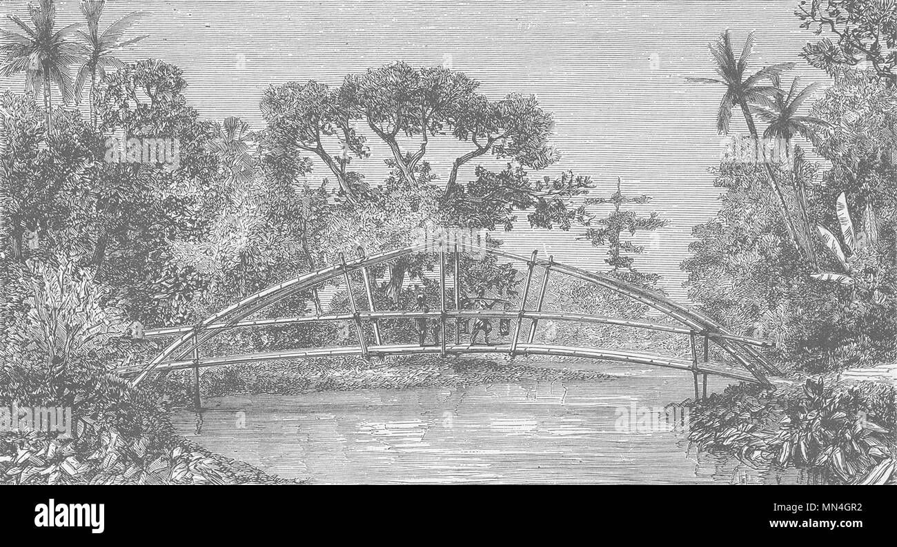 L'Indonésie. Pont de bambou à Bornéo 1890 ancienne vintage print photo Banque D'Images