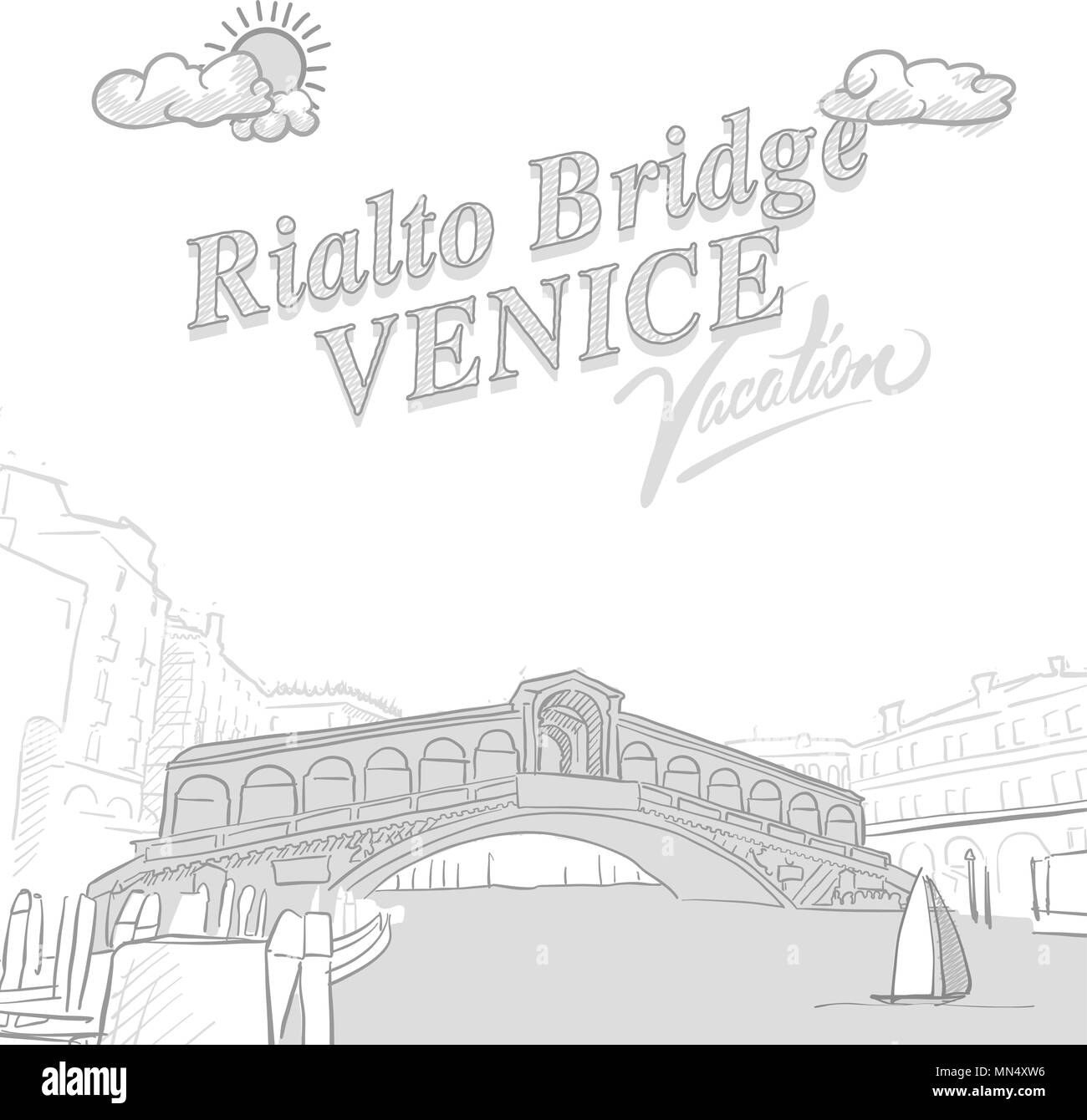 Pont du Rialto travel marketing, ensemble d'une main les dessins vectoriels. Illustration de Vecteur