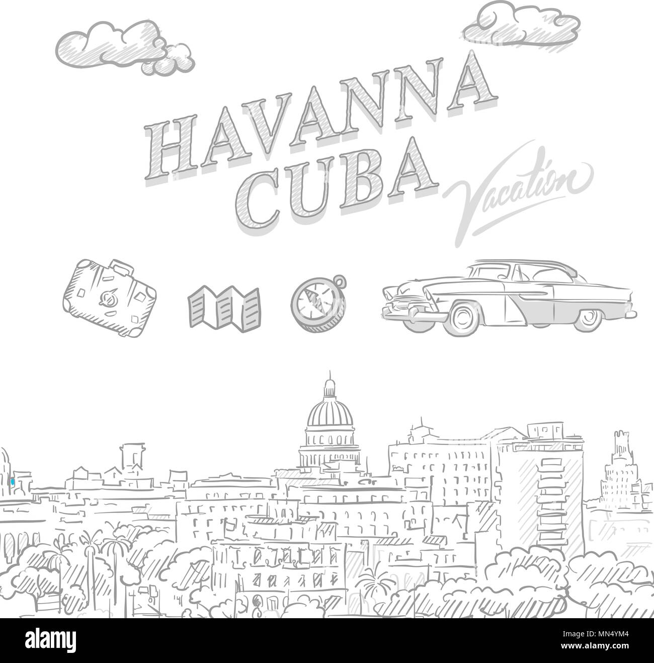 La Havane, Cuba, voyage couverture marketing, ensemble de croquis dessinés à la main, un vecteur Illustration de Vecteur