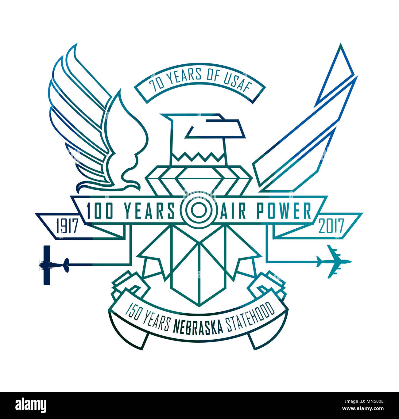 Un design graphique qui a été produit pour commémorer le 70e anniversaire de l'Armée de l'air, le 100e anniversaire de la puissance aérienne et le 150e anniversaire de l'État du Nebraska. (U.S. Air Force Conception graphique par Joshua Plueger) Banque D'Images