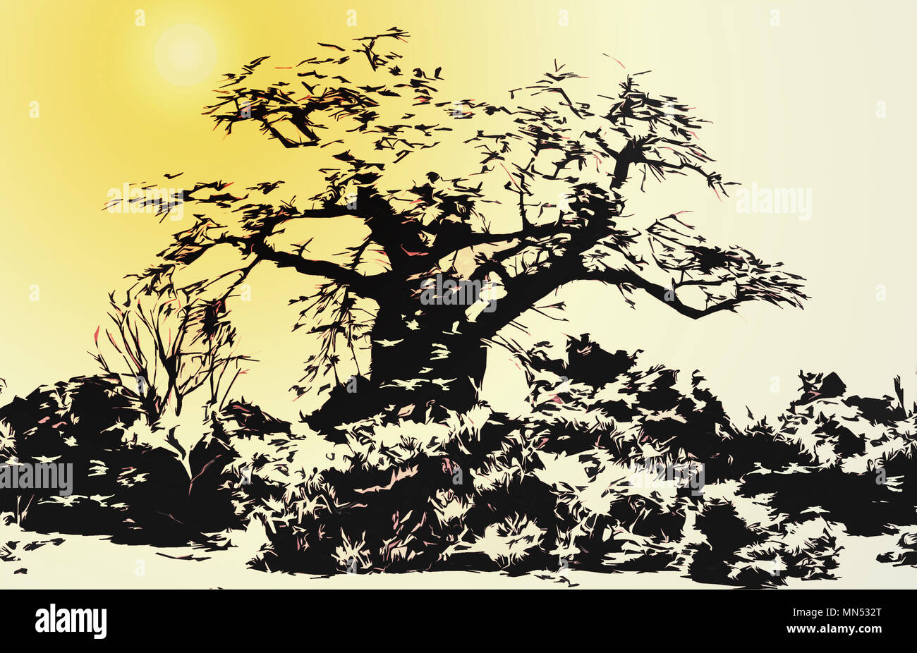 Illustration d'un seul baobab dans l'arrière-plan du soleil. Banque D'Images