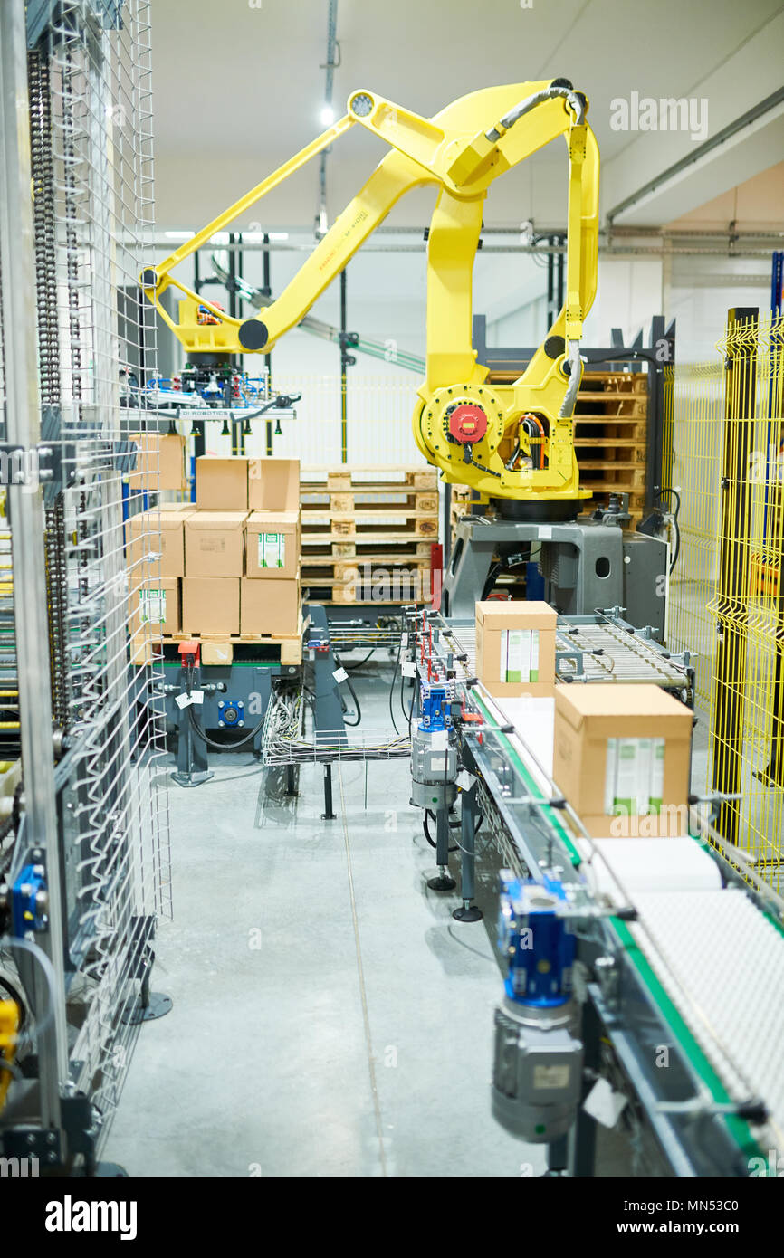 Intérieur de l'usine entrepôt : robot cueillette industrielle au travail, les boîtes en carton sur la courroie du convoyeur, aucun peuple Banque D'Images
