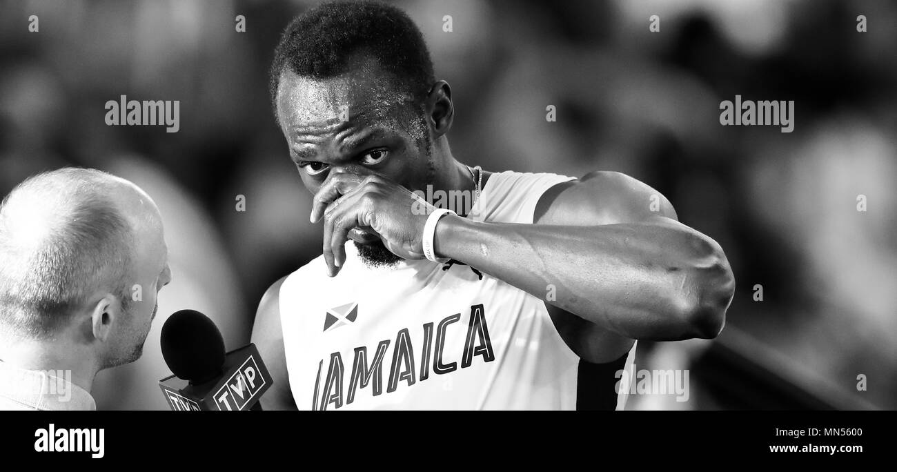 Londres, ANGLETERRE - 04 août : (Note de la rédaction : l'image convertie en noir et blanc) de la Jamaïque, Usain Bolt réagit au cours de la chaleur 6 de la 1re Ronde d'Hommes 100 mètres au cours de la première journée de la 17e Championnats du monde d'athlétisme IAAF Londres 2017 au stade de Londres le 4 août 2017 à Londres, Royaume-Uni. Photo par Paul Cunningham Banque D'Images