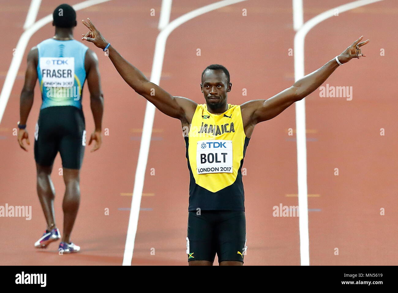 Londres, ANGLETERRE - 04 août : Usain Bolt de la Jamaïque réagit à la foule d'applaudissements tandis que l'échauffement pour la chaleur 6 de la 1re Ronde d'Hommes 100 mètres au cours de la première journée de la 17e Championnats du monde d'athlétisme IAAF Londres 2017 au stade de Londres le 4 août 2017 à Londres, Royaume-Uni. Photo par Paul Cunningham Banque D'Images