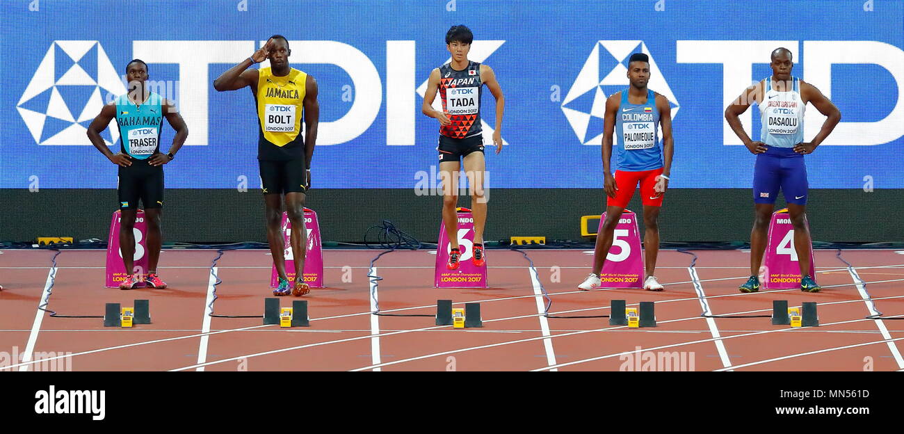 Londres, ANGLETERRE - 04 août : Usain Bolt de la Jamaïque réagit à la foule d'applaudissements tandis que l'échauffement pour la chaleur 6 de la 1re Ronde d'Hommes 100 mètres au cours de la première journée de la 17e Championnats du monde d'athlétisme IAAF Londres 2017 au stade de Londres le 4 août 2017 à Londres, Royaume-Uni. Photo par Paul Cunningham Banque D'Images