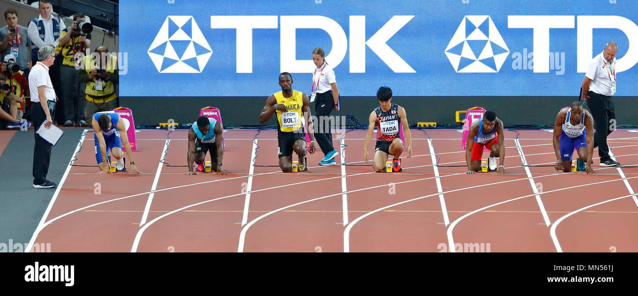 Londres, ANGLETERRE - 04 août : Usain Bolt de la Jamaïque réagit en préparation pour la production de chaleur 6 de la 1re Ronde d'Hommes 100 mètres au cours de la première journée de la 17e Championnats du monde d'athlétisme IAAF Londres 2017 au stade de Londres le 4 août 2017 à Londres, Royaume-Uni. Photo par Paul Cunningham Banque D'Images