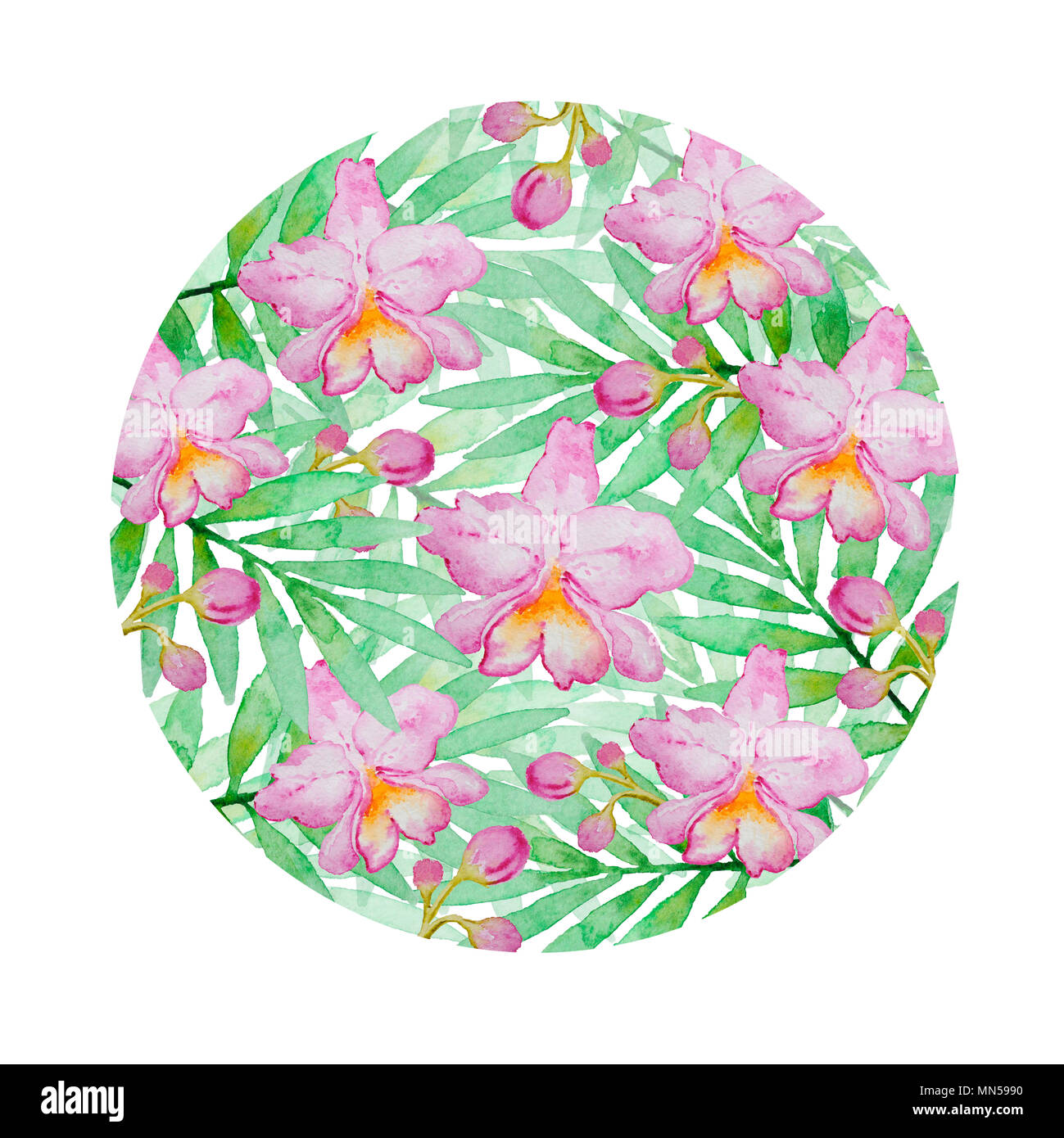 Floral background avec aquarelle rose et vert orchidées branche de palmier. Contexte tropical dessiné à la main Banque D'Images