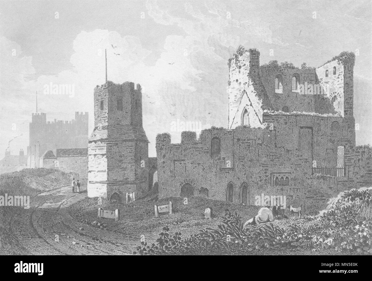 KENT. Le Pharos romaine, le château de Douvres. DUGDALE 1845 ancienne imprimer photo Banque D'Images