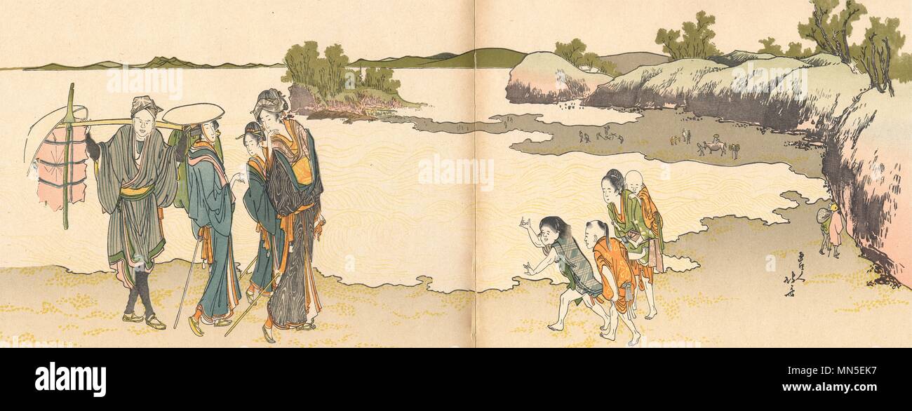 Le JAPON. À pied de la mer. Plaque double. Par Hokusai 1890 vieux ancien Banque D'Images