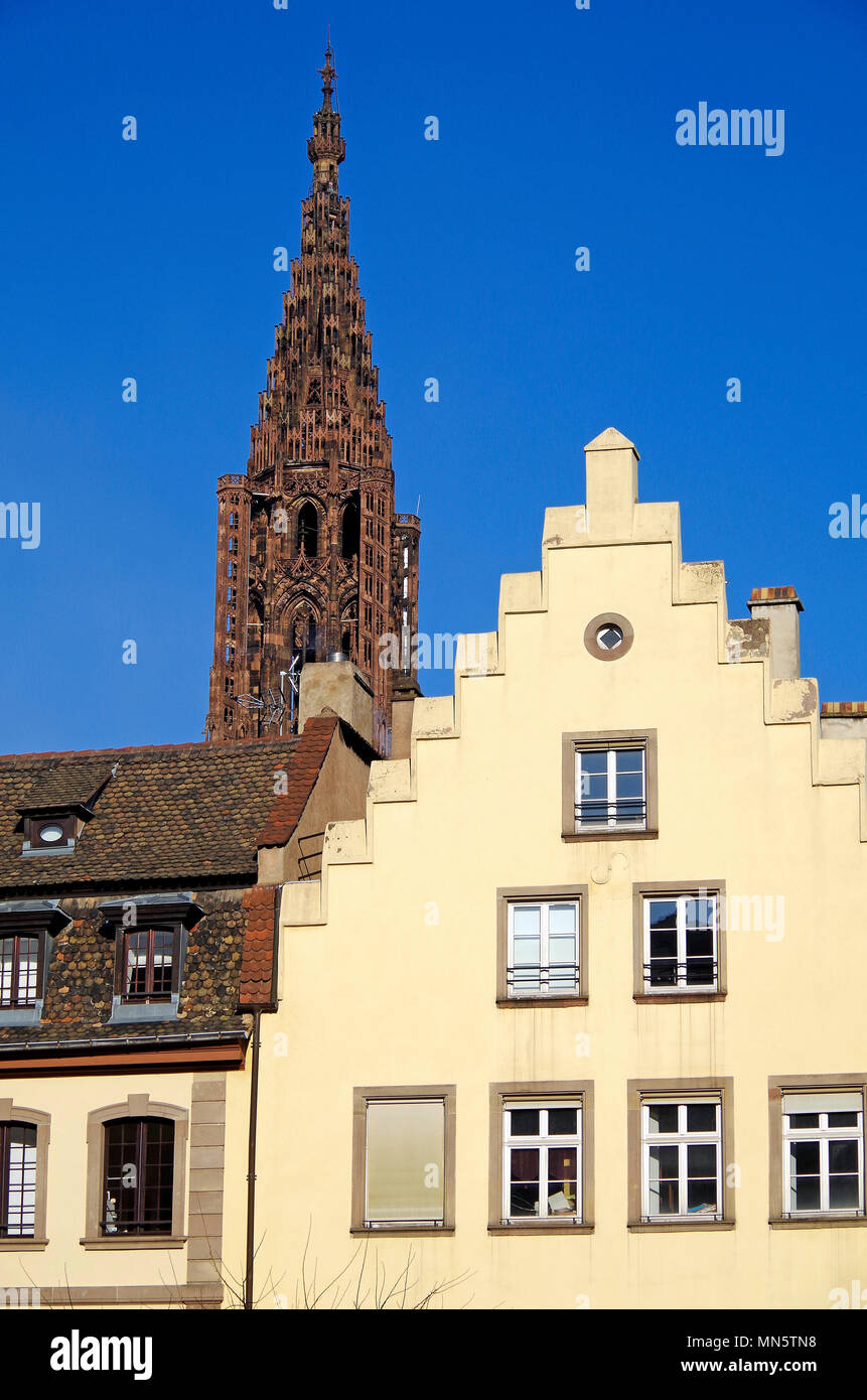 Le haut, flèche de style gothique tardif ou la Cathédrale Notre Dame de Strasbourg, vu depuis le niveau du sol, dans un quartier voisin. Banque D'Images