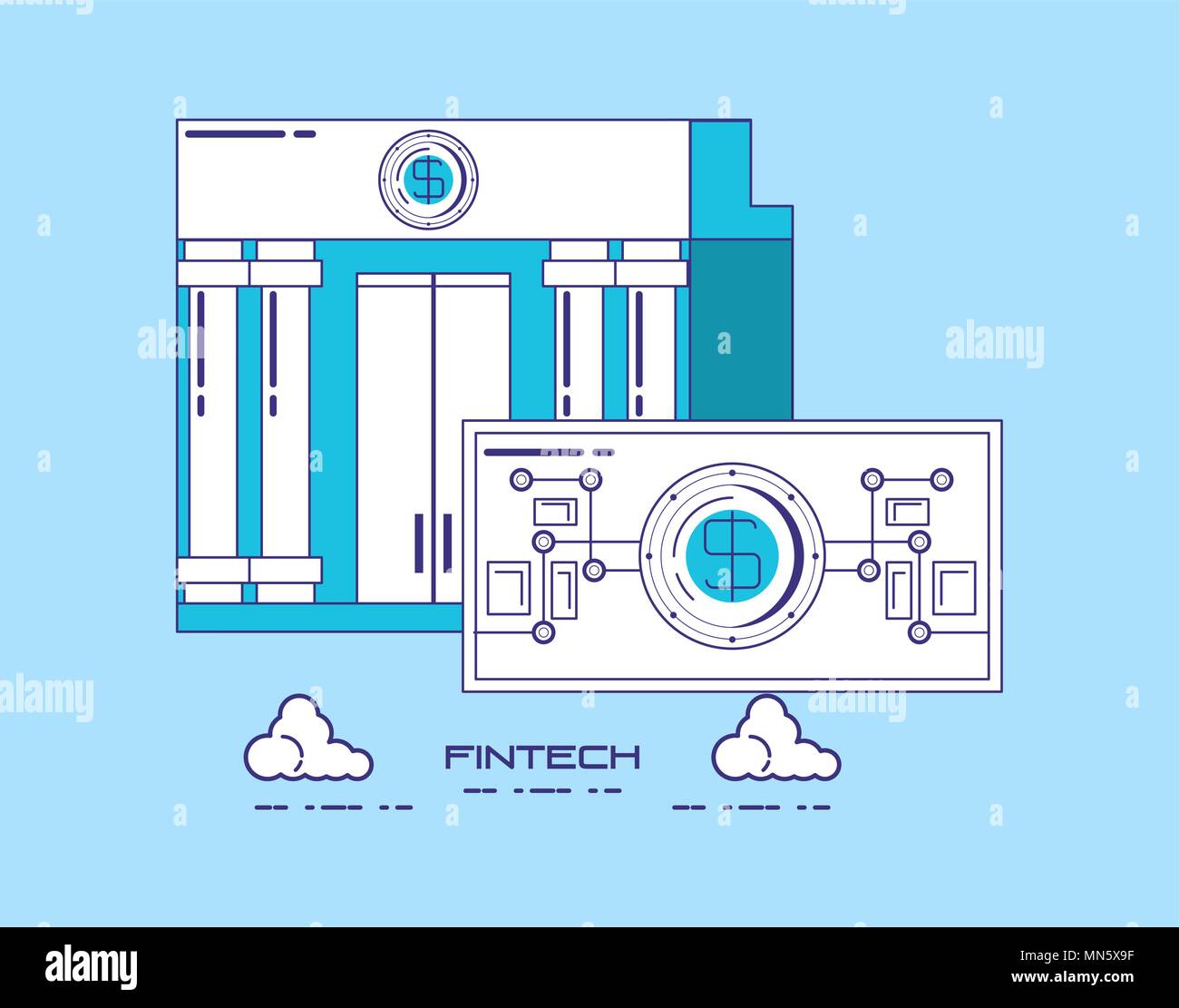 La technologie financière concept avec bank building et de l'argent Projet de loi sur fond bleu, vector illustration Illustration de Vecteur