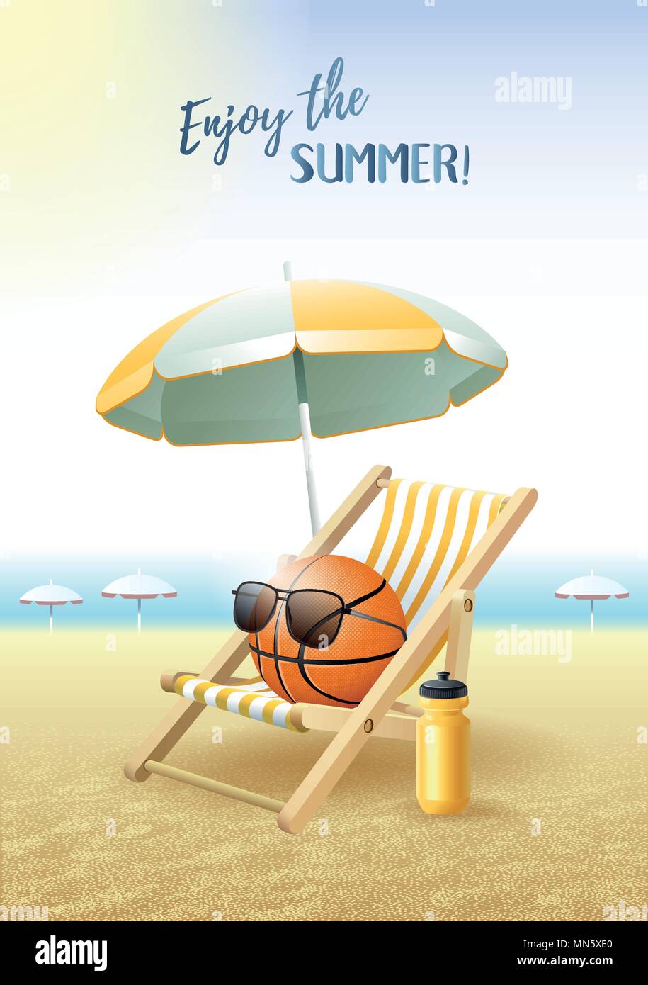 Profitez de l'été ! Carte de sport. Ballon de basket-ball avec des lunettes de soleil, parasol, chaise longue et une bouteille d'eau sur la plage de sable. Vector illustration. Illustration de Vecteur