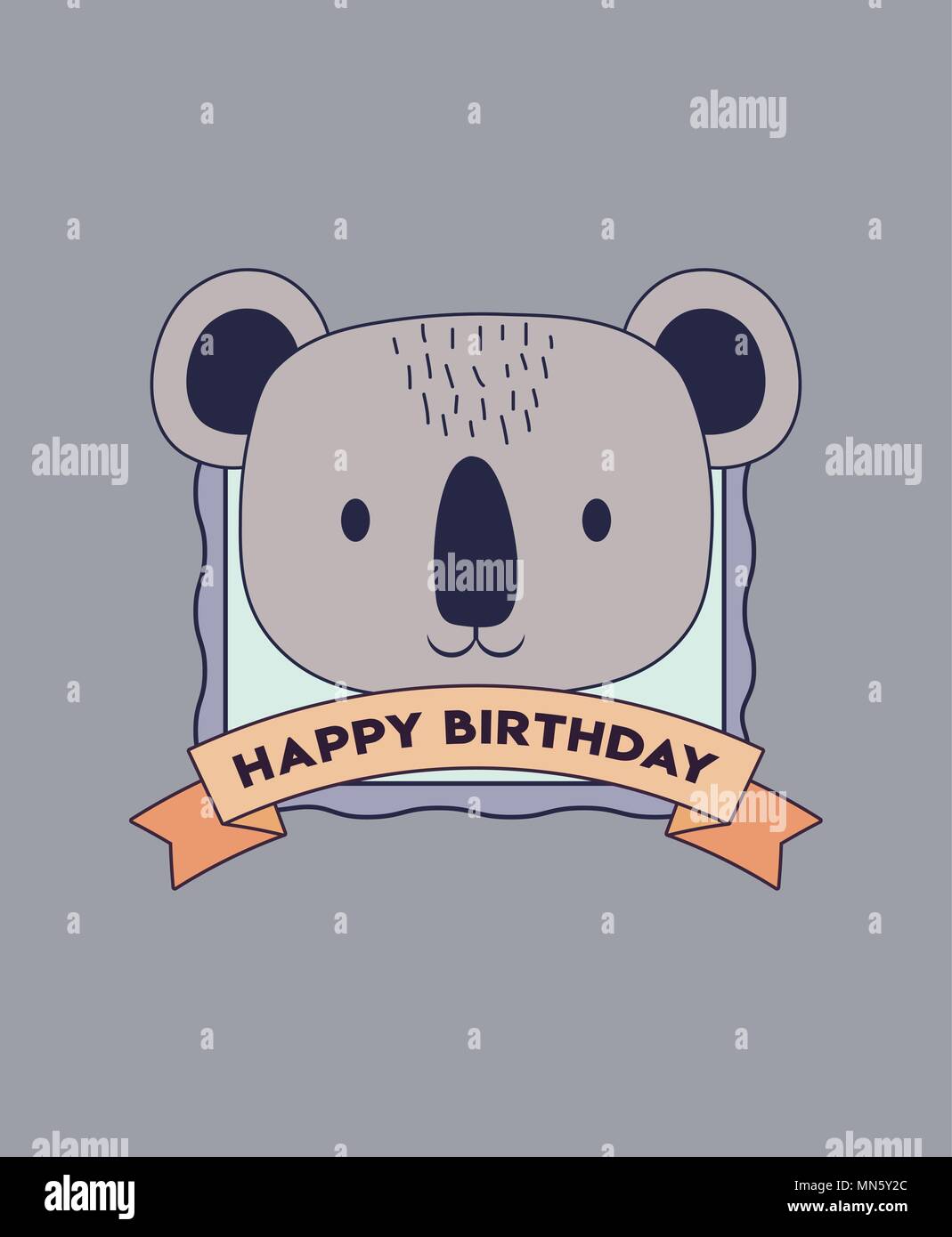 Joyeux Anniversaire Avec Un Koala Mignon Et De L Icone Ruban Decoratif Sur Fond Gris Design Colore Vector Illustration Image Vectorielle Stock Alamy