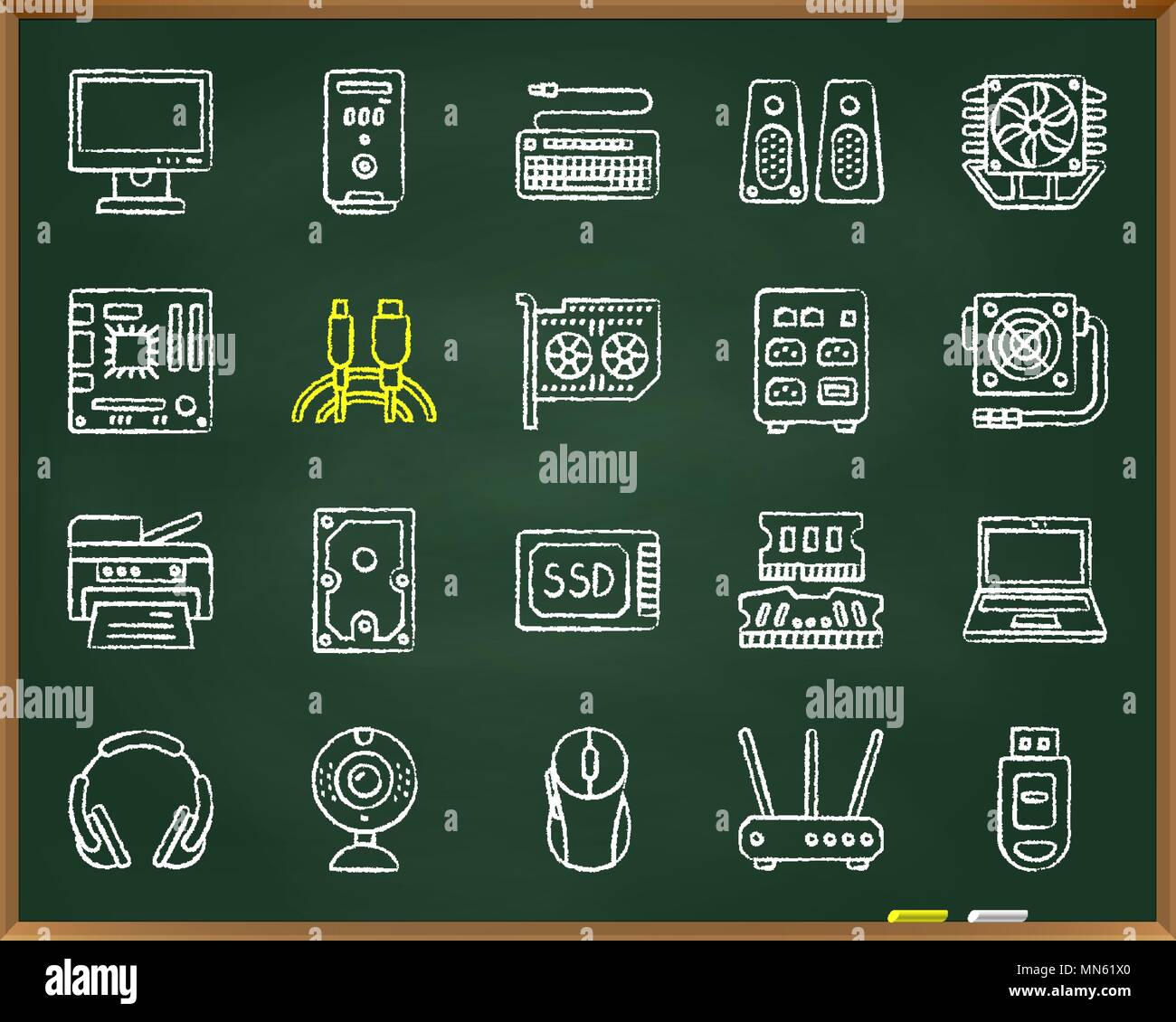 Chalk ordinateur icons set. Kit de connexion web Aperçu de l'électronique. Ordinateur icône linéaire collection comprend l'usb, flash, câble. La main Simple doodle sy Illustration de Vecteur