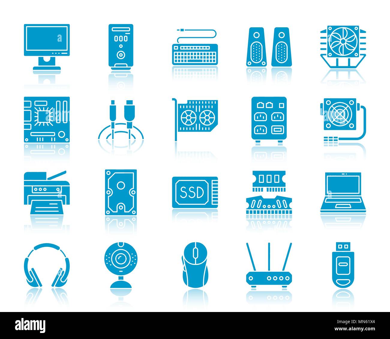 Silhouette d'ordinateur icons set. Kit de connexion Web de l'électronique. Ordinateur portable collection comprend des pictogrammes monochromes, modem, un casque. Couleur Simple Illustration de Vecteur