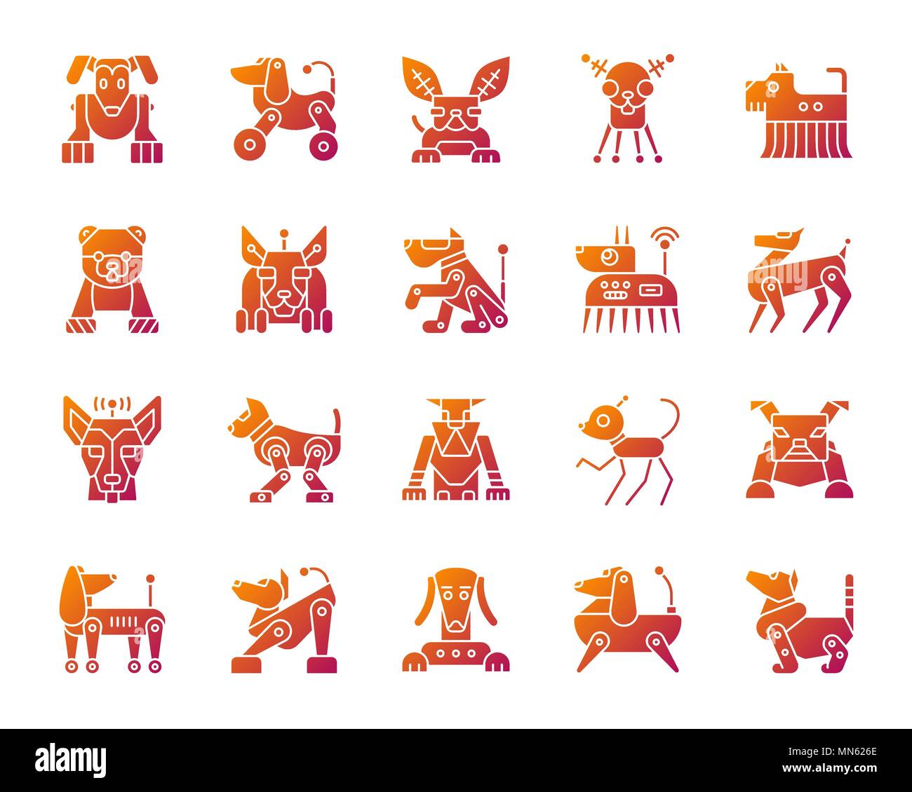 Silhouette Chien Robot icons set. Isolé sur blanc kit de connexion web animal. Chien Robot icon collection comprend transformateur, machine, cyborg. Gradien simple Illustration de Vecteur