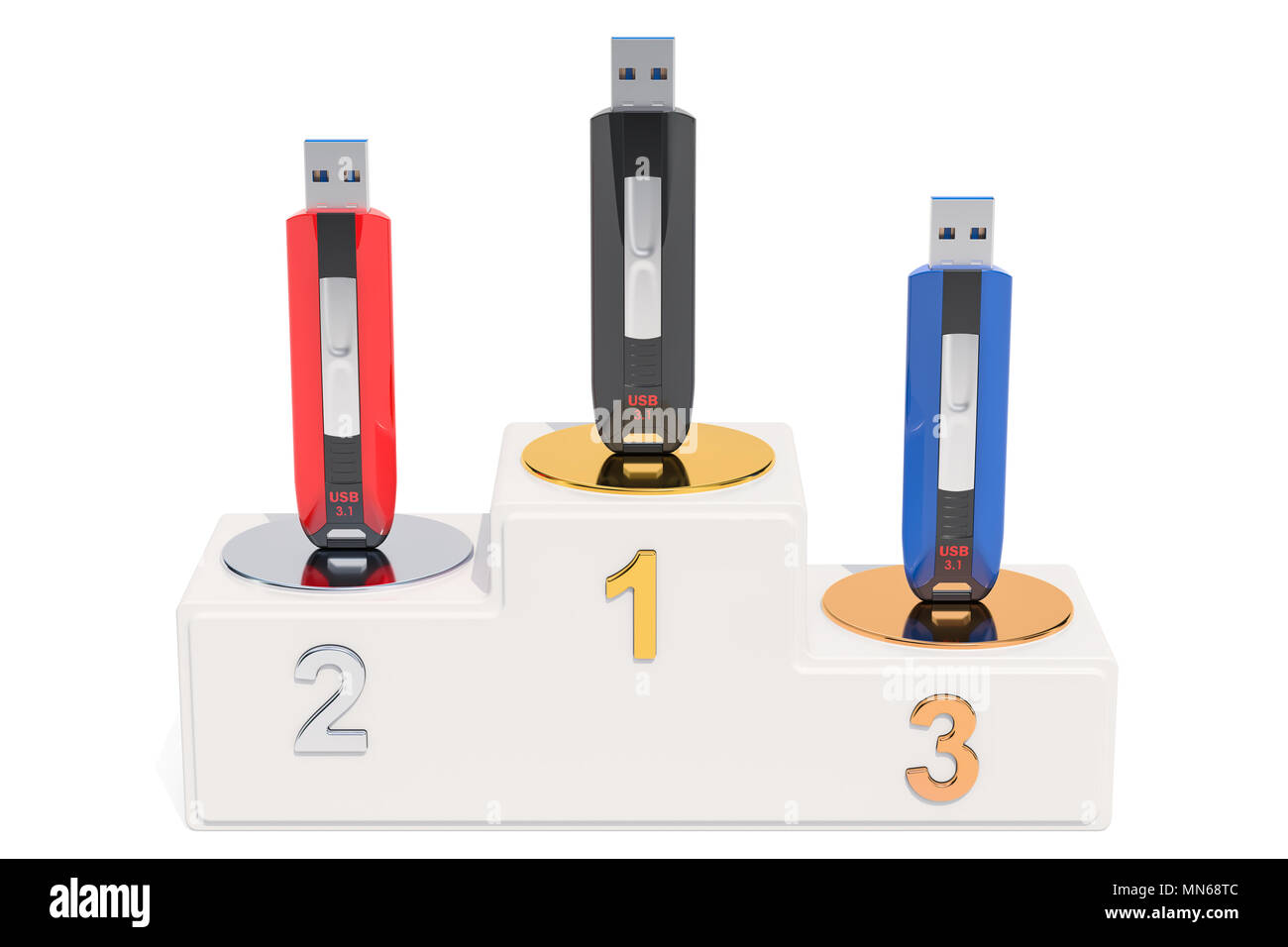 Flash USB évaluations concept. Podium gagnants avec les lecteurs flash USB, 3D Rendering isolé sur fond blanc Banque D'Images