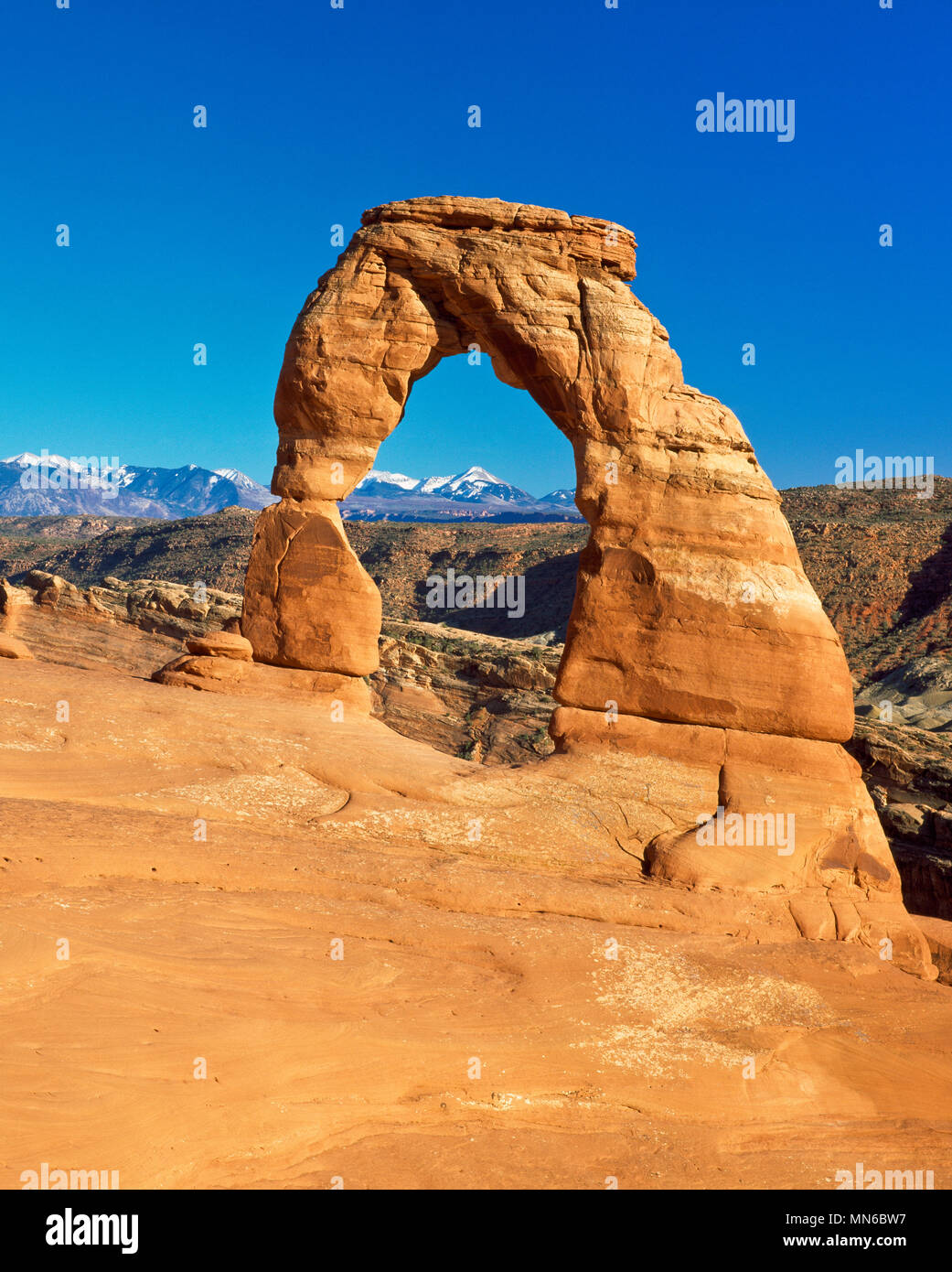 Delicate Arch dans Arches national park et la sal dans les montagnes près de Moab, Utah à distance Banque D'Images