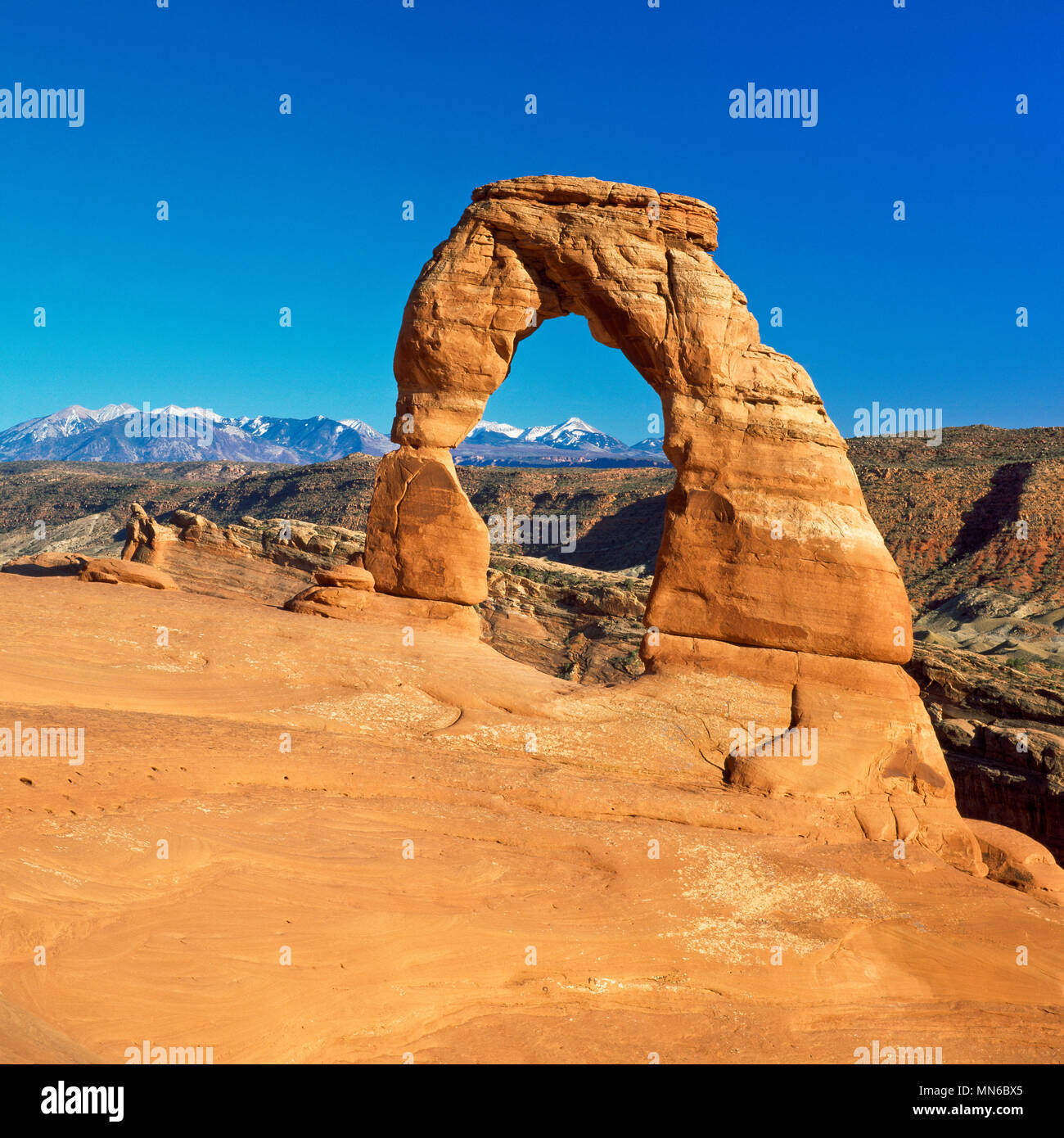 Delicate Arch dans Arches national park et la sal dans les montagnes près de Moab, Utah à distance Banque D'Images