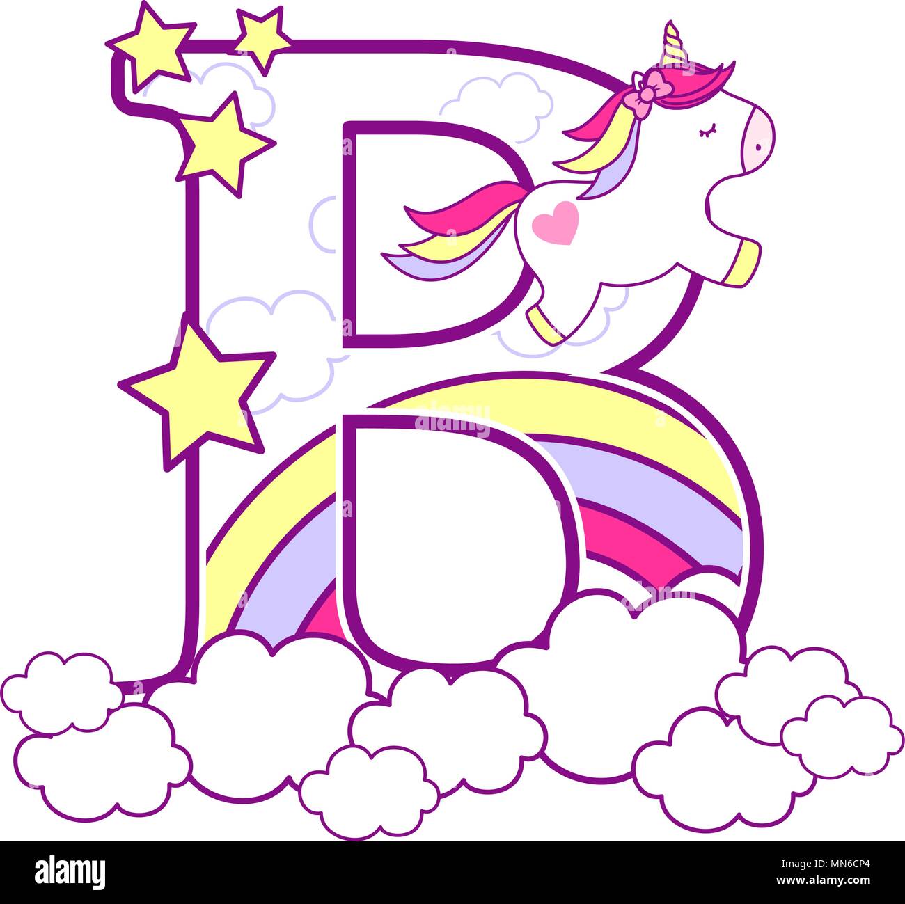 B initial avec mignon et unicorn arc-en-ciel. peut être utilisé pour annonces de naissance de bébé, nursery decoration, thème de partie ou anniversaire invitation. Design pour Illustration de Vecteur