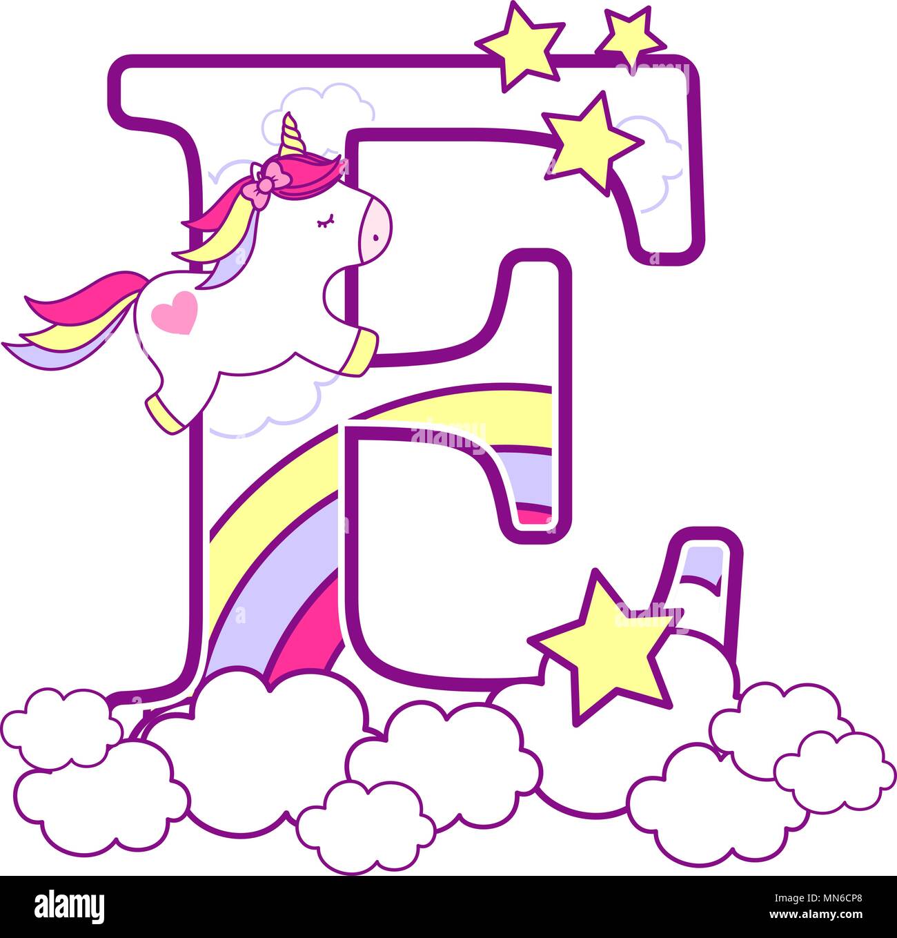 E initiale avec mignon et unicorn arc-en-ciel. peut être utilisé pour annonces de naissance de bébé, nursery decoration, thème de partie ou anniversaire invitation. Design pour Illustration de Vecteur