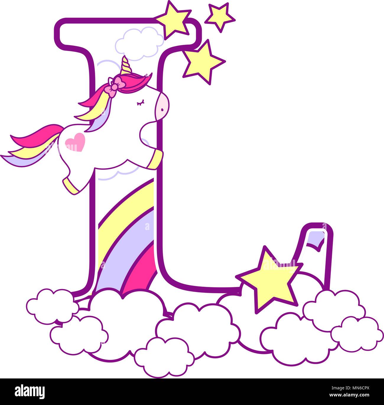 L initiale avec mignon et unicorn arc-en-ciel. peut être utilisé pour annonces de naissance de bébé, nursery decoration, thème de partie ou anniversaire invitation. Design pour Illustration de Vecteur