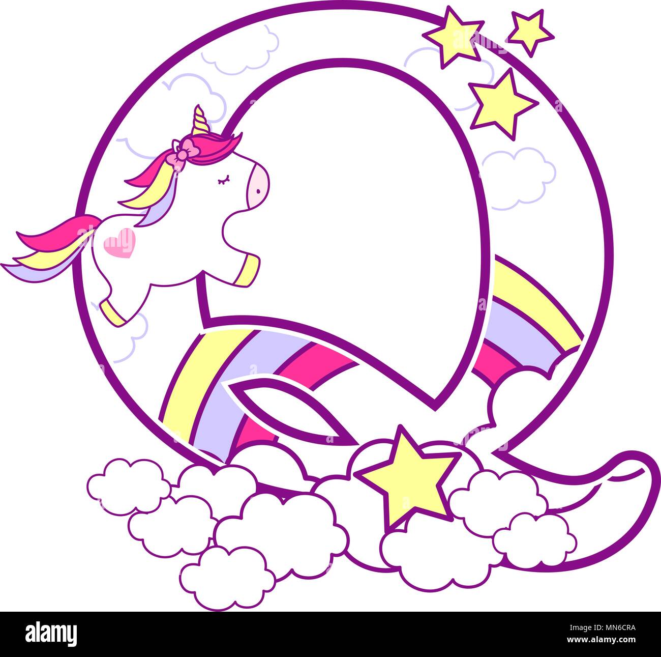 Q initiale avec mignon et unicorn arc-en-ciel. peut être utilisé pour annonces de naissance de bébé, nursery decoration, thème de partie ou anniversaire invitation. Design pour Illustration de Vecteur