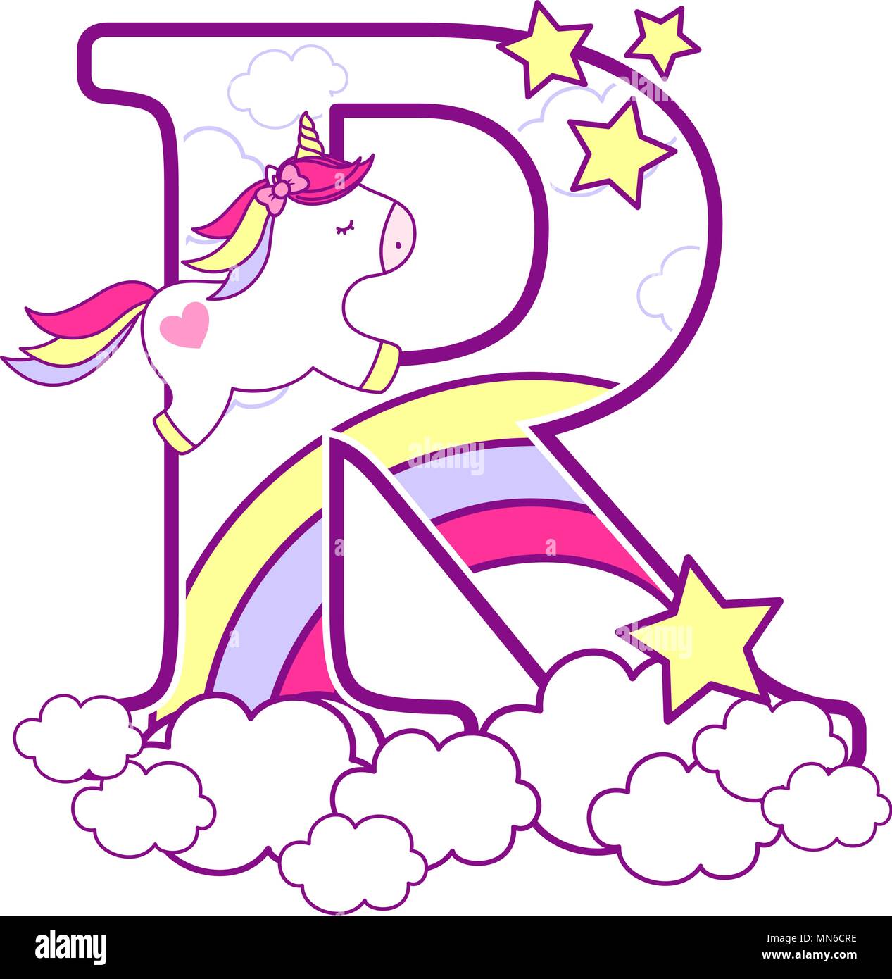R initial avec mignon et unicorn arc-en-ciel. peut être utilisé pour annonces de naissance de bébé, nursery decoration, thème de partie ou anniversaire invitation. Design pour Illustration de Vecteur