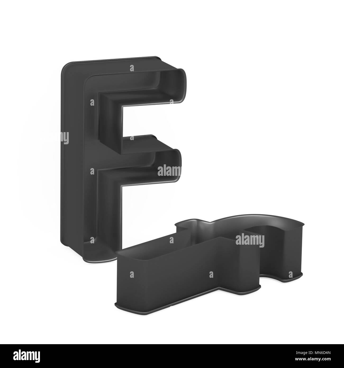Cuisson antiadhésive métal anodisé PTFE ou moule à gâteaux ensemble de capital et les minuscules comme des lettres F sur fond blanc, l'image de la police en rendu 3D Banque D'Images