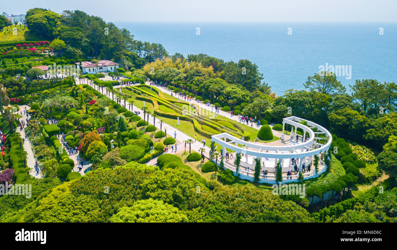 Vue aérienne de l'île de Oedo-Botania, jardin paysages à journée d'été dans l'île de Geoje, la Corée du Sud. Banque D'Images