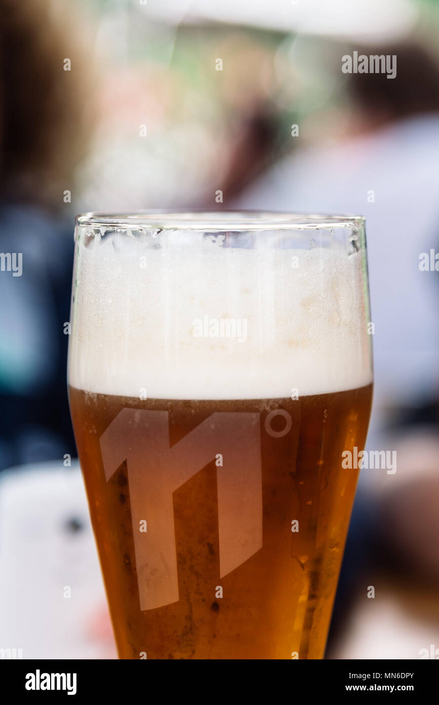 Close up de pinte de bière blonde rafraîchissante. Arrière-plan flou Banque D'Images