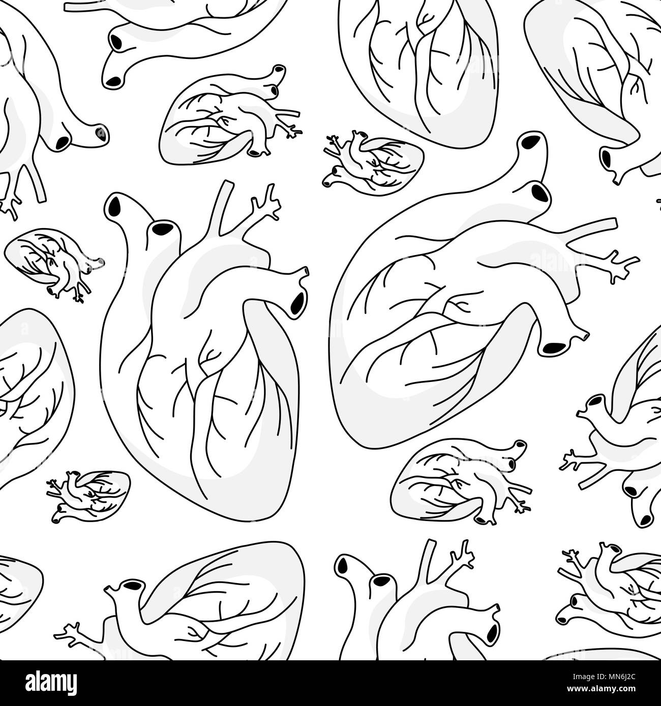 Fonds d'organes internes graphiques coeur de différentes tailles en manière chaotique. Modèle sans couture Illustration de Vecteur
