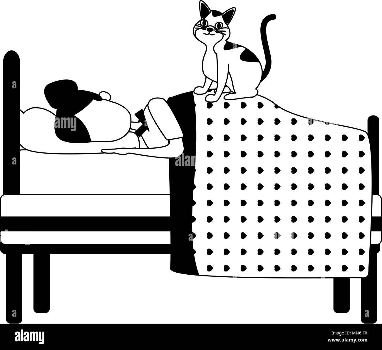 Woman sleeping in bed with cat en noir et blanc Image Vectorielle