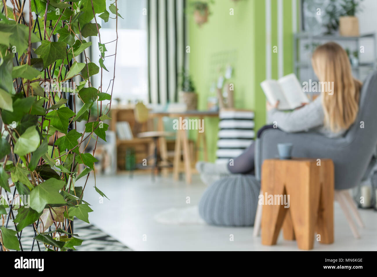 Appartement vert avec ivy garland et fauteuil gris Banque D'Images