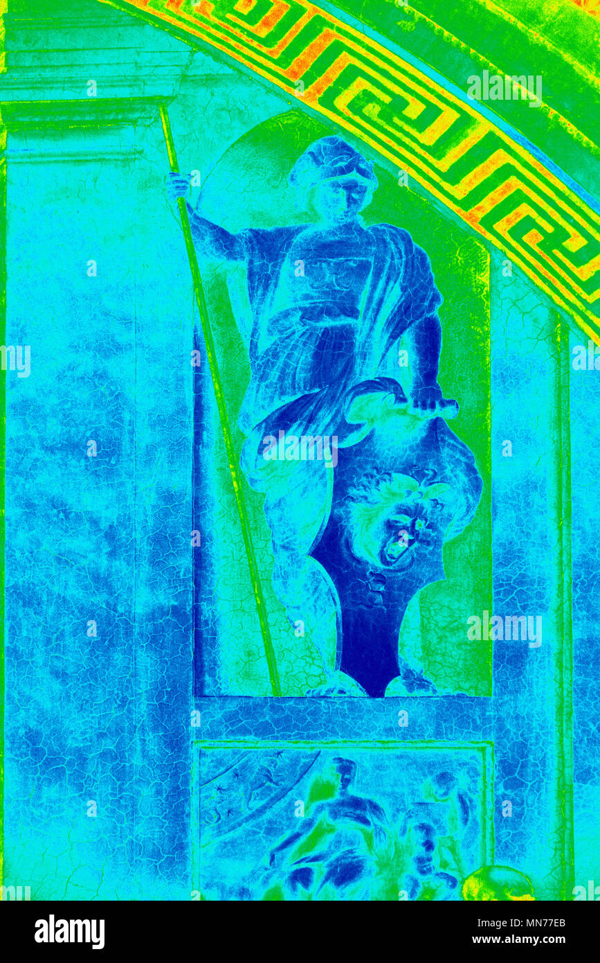 Détail, représentant la figure d'Athéna (Minerve) sur le côté droit de l'École d'Athènes fresque (rendu en PS, style pop art), Rome, Italie Banque D'Images