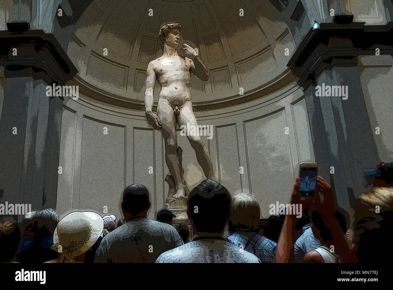 Le David de Michel-Ange (rendu en PS, les lignes de l'affiche), entouré par les touristes avec l'un de prendre une photo sur un téléphone cellulaire, Florence, Italie Banque D'Images