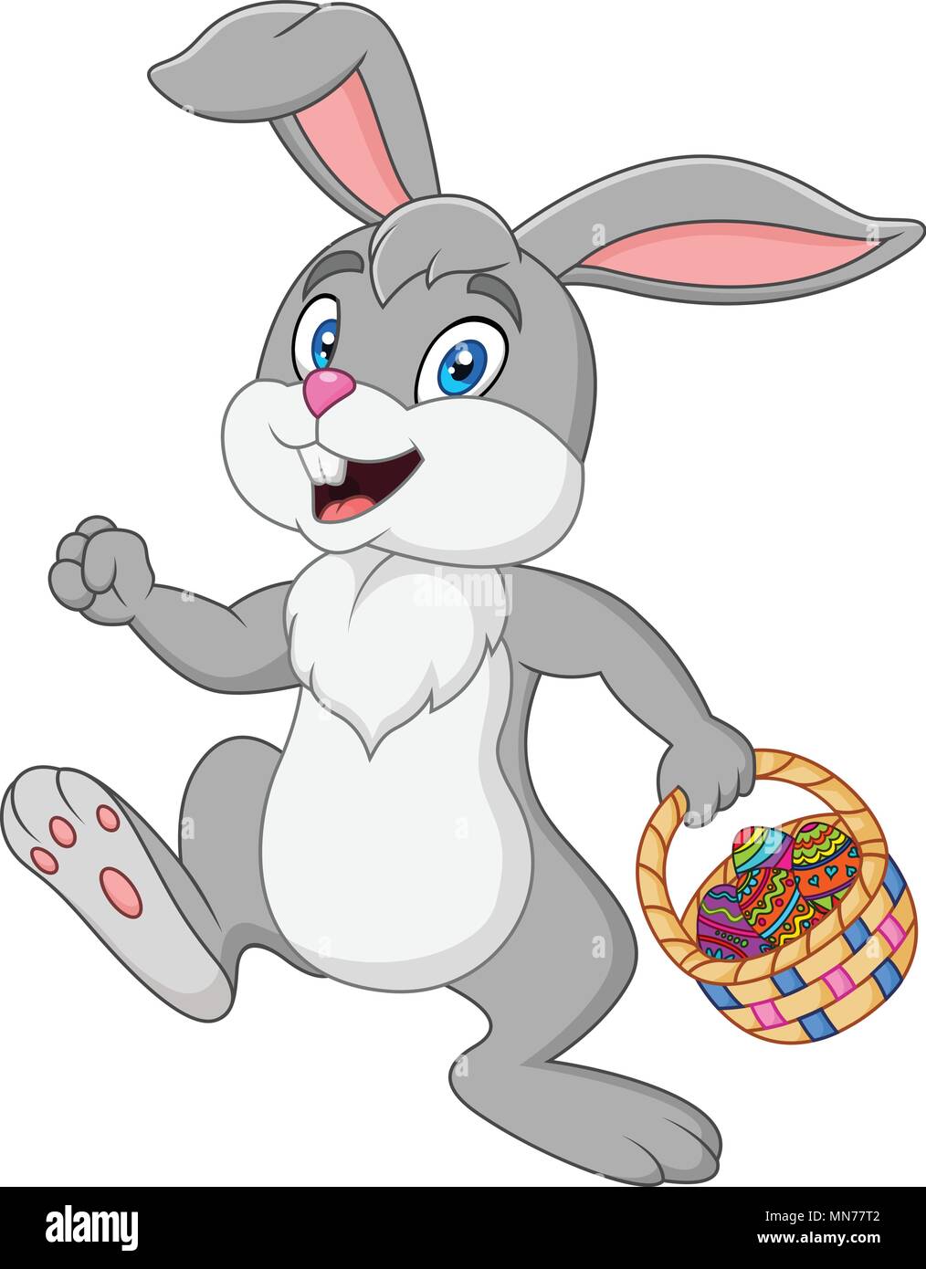 Lapin de Pâques lapin de Pâques avec panier plein d'oeufs de Pâques décorés Illustration de Vecteur