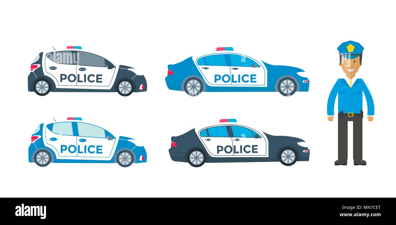 Patrouille de police sur une route avec une voiture de police, agent. Policier en uniforme, Véhicule avec feux clignotants sur le toit. Télévision vector illustration. Illustration de Vecteur